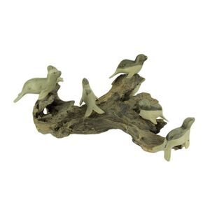 7 Seals On Old Log Hand Carved Wood Statue